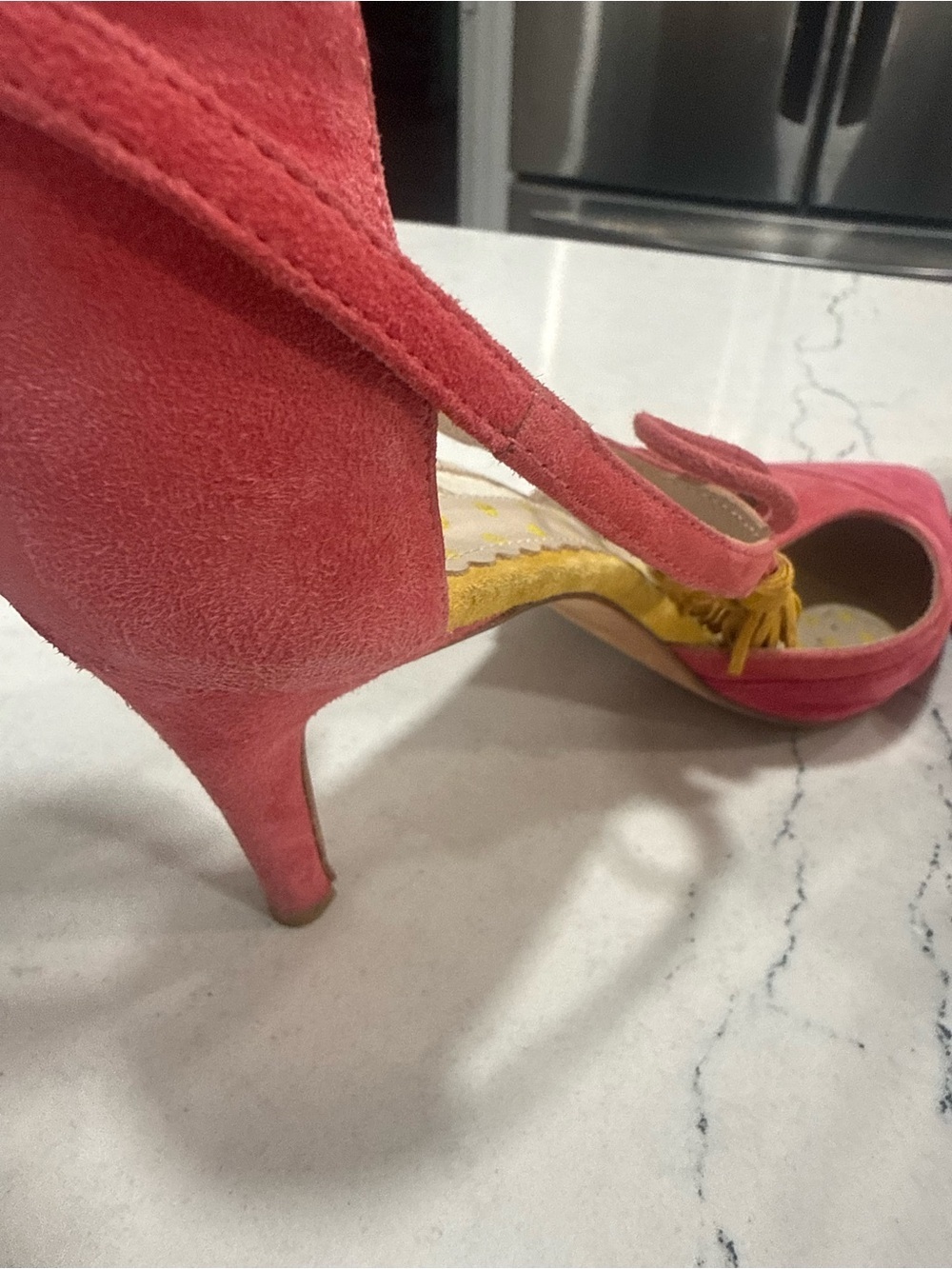 Boden “Alice” Pink Suede Ankle Strap Heels Yellow Tassels 7.5- 8 (38) - Picture 6 of 14